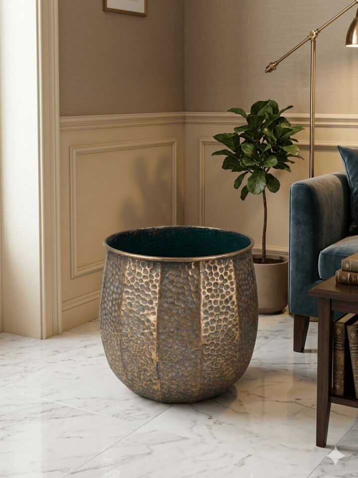 PNL-MG93 L Dekoratif Metal Saksı - Antik Bakır - 37x38 cm