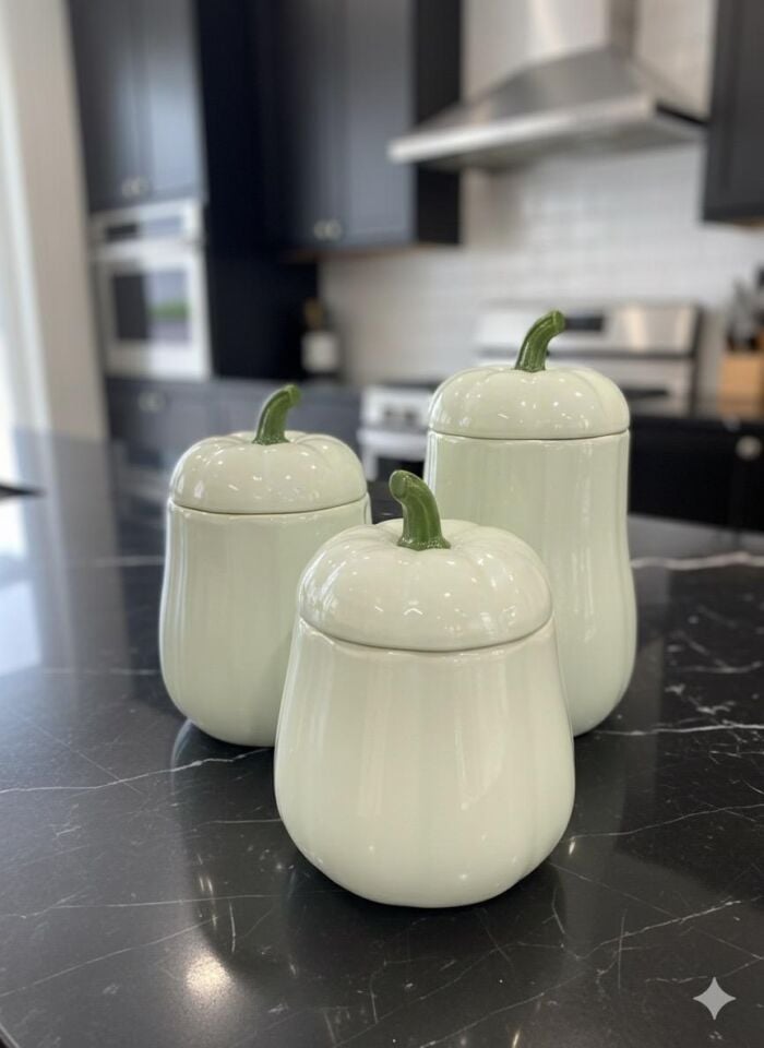3'LÜ KAPAKLI BAL KABAK KAVANOZ SETİ YEŞİL PUMPKIN SERİSİ SERAMİK 500, 750 ve 1000 ML