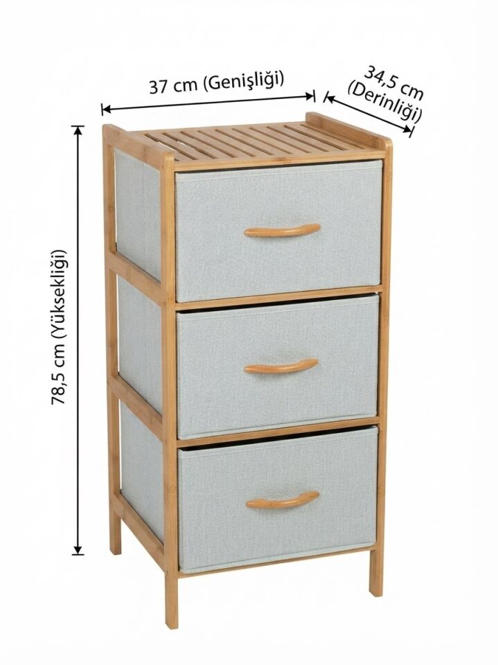 3 Çekmeceli Bambu Kabin - Çok Amaçlı Organizer Şifonyer (78.5 x 37 x 34.5 cm)