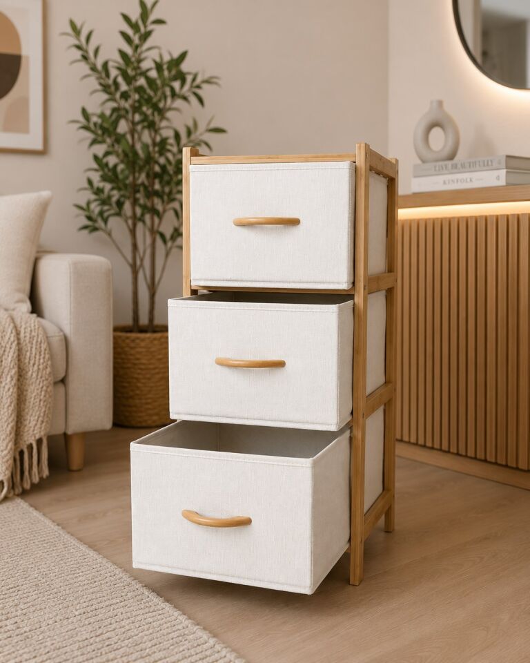 3 Çekmeceli Bambu Kabin - Çok Amaçlı Organizer Şifonyer (78.5 x 37 x 34.5 cm)