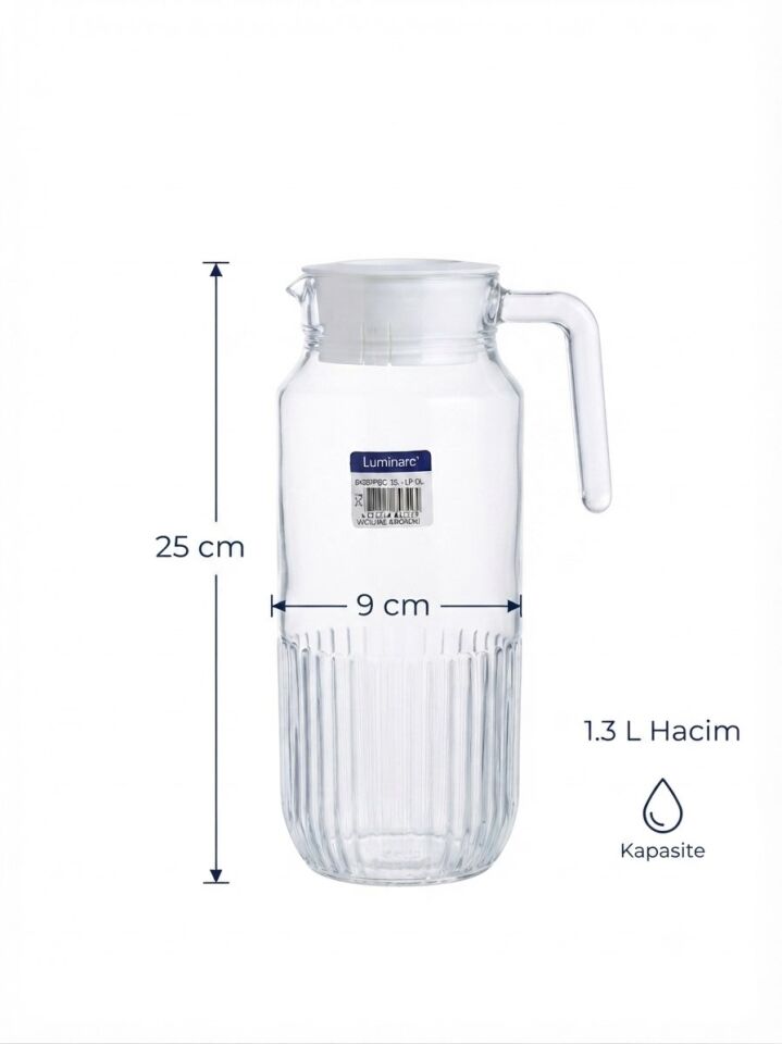 Gridz Buzdolabı Sürahisi + Kapak 1.3 L Şeffaf Cam Sürahi