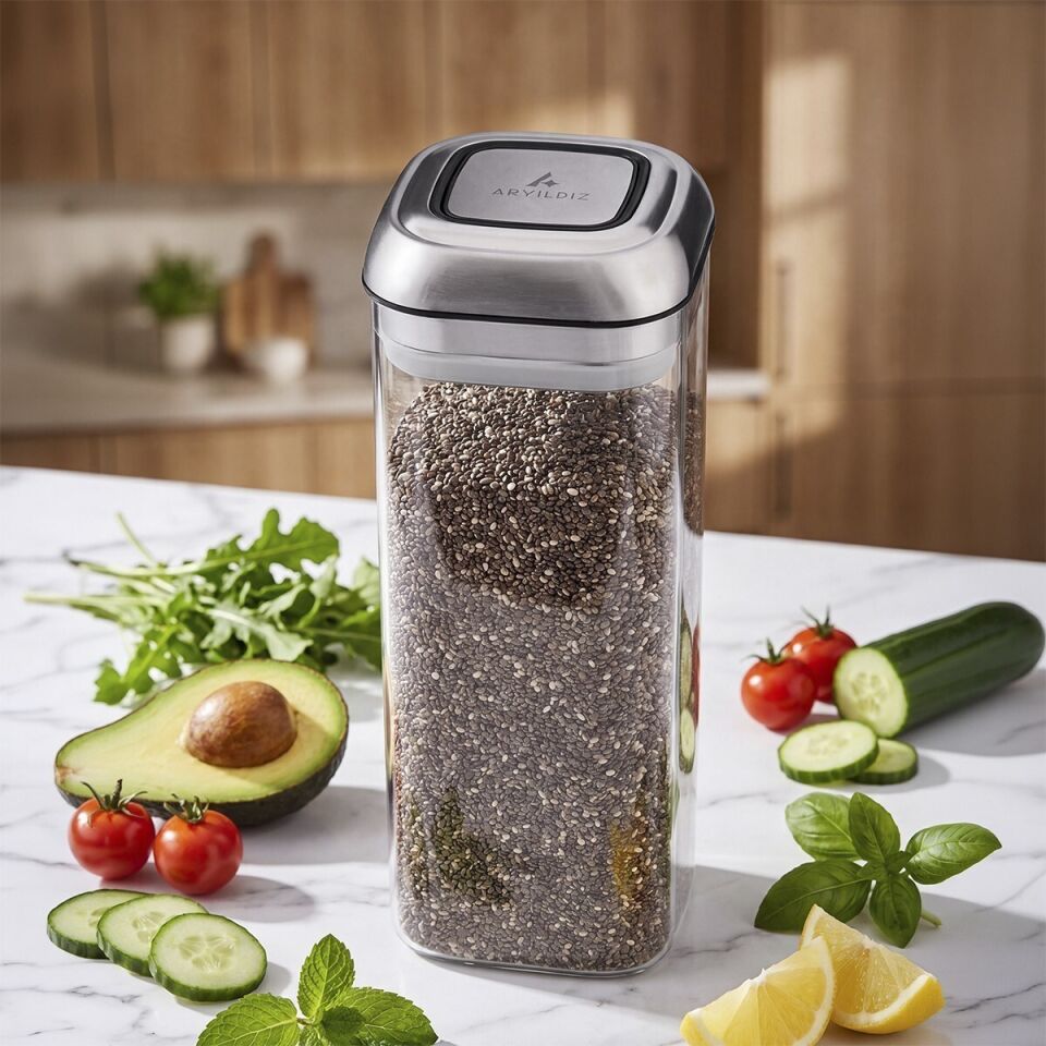 Aryıldız 1450 ml Çelik Kapaklı Vakumlu Bakliyat ve Gıda Saklama Kabı - Şeffaf Organizer Kavanoz
