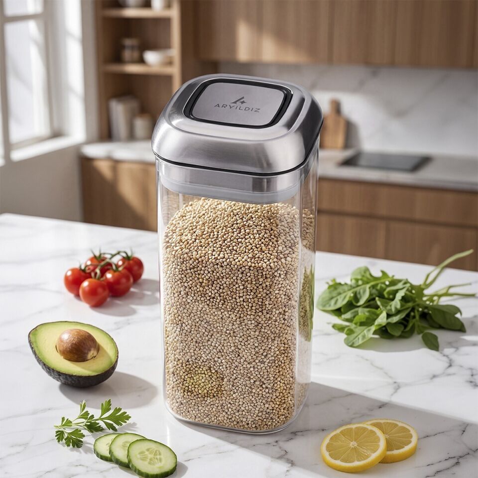 Aryıldız 1100 ml Çelik Kapaklı Vakumlu Bakliyat ve Gıda Saklama Kabı - Şeffaf Organizer Kavanoz