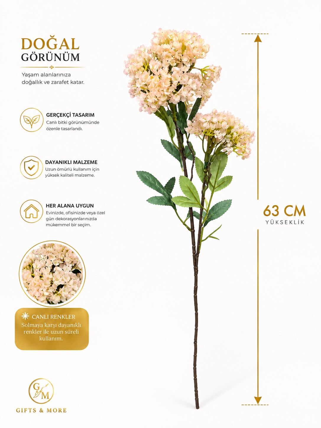 Seta Garden Dekoratif Yapay  Çiçeği Dalı - Tek Kök Üzerinde Çift Çiçek Başlıklı - 63 cm - Açık Pembe