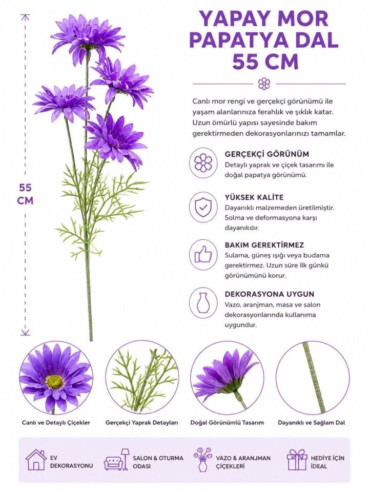 YAPAY MOR PAPATYA DAL 55 CM