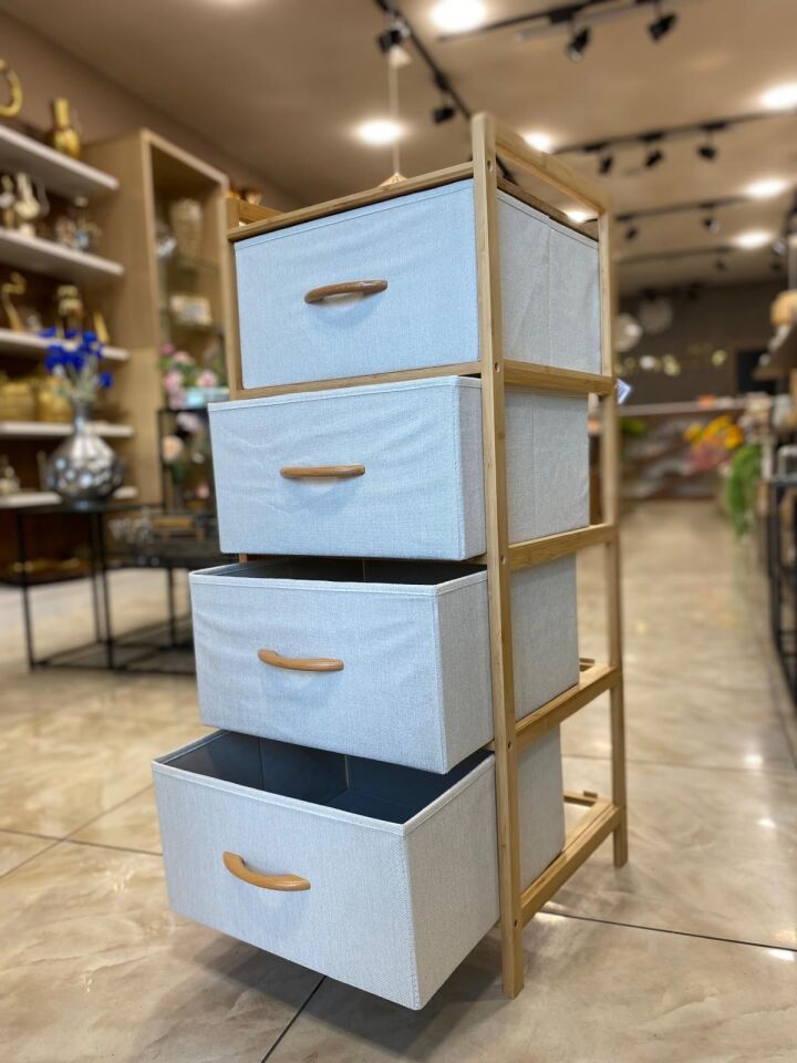 4 Çekmeceli Bambu Çerçeveli Kumaş Dolap - Çok Amaçlı Düzenleyici Şifonyer