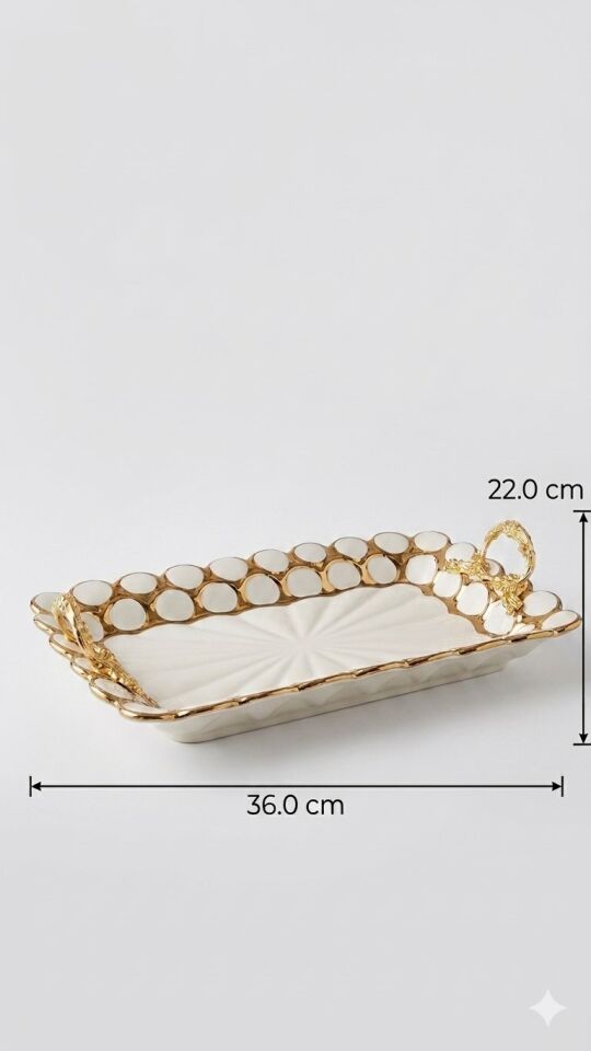 Dikdörtgen Beyaz-Gold Sunum Tepsisi (36x22 cm)