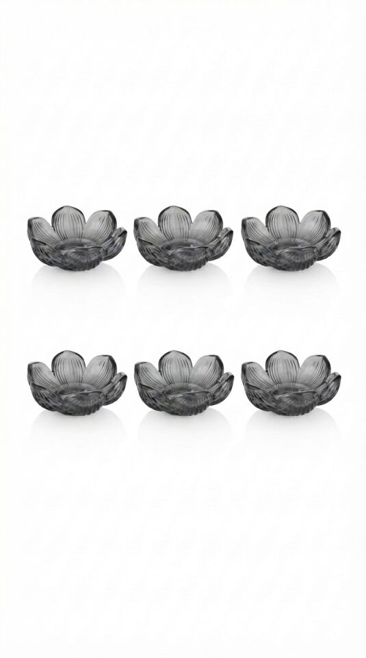 6'lı Füme Cam Çiçek Formlu Lokumluk & Sosluk / Reçellik Seti (8x3 cm)