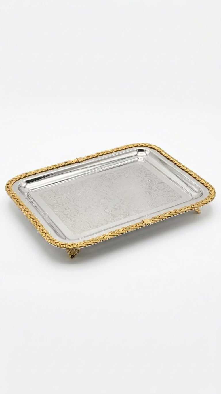 Gold Örgü Kenarlı Lazer İşlemeli Paslanmaz Metal Sunum Tepsi (41x31 cm)