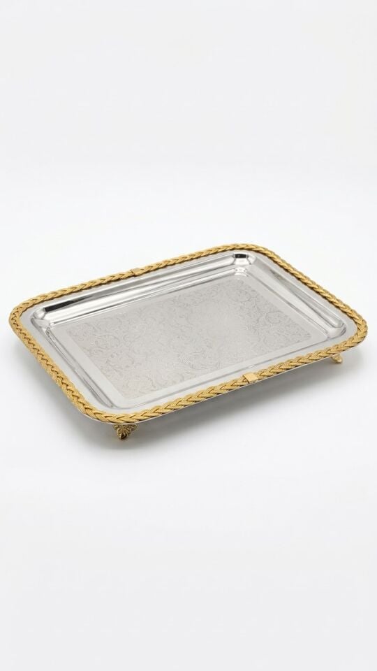 Gold Örgü Kenarlı Lazer İşlemeli Paslanmaz Metal Sunum Tepsi (41x31 cm)