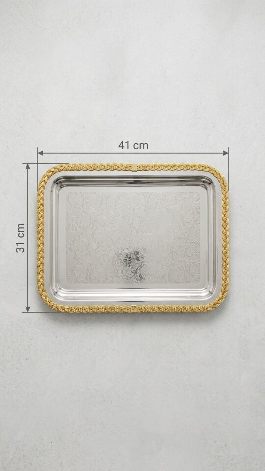 Gold Örgü Kenarlı Lazer İşlemeli Paslanmaz Metal Sunum Tepsi (41x31 cm)