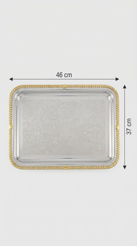 Büyük Boy Gold Örgü Kenarlı Lazer İşlemeli Paslanmaz Metal Sunum Tepsi (46x37 cm)