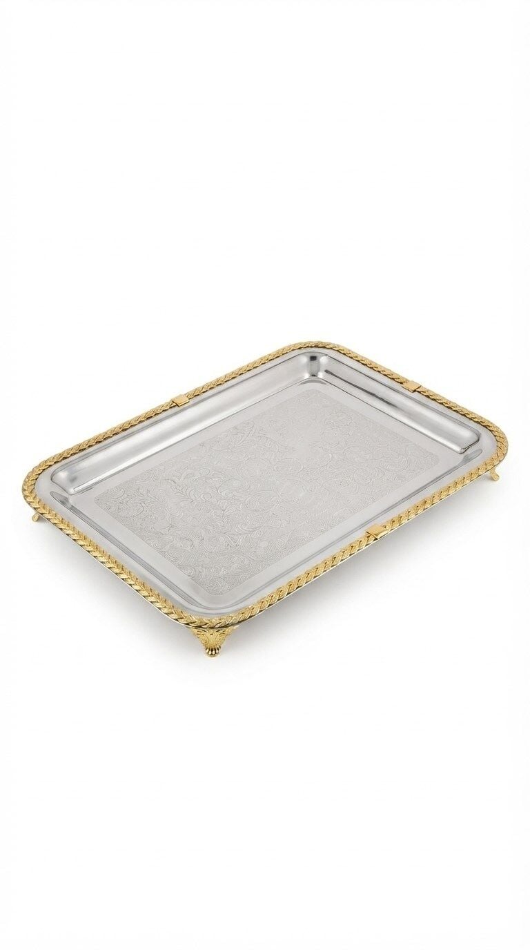 Büyük Boy Gold Örgü Kenarlı Lazer İşlemeli Paslanmaz Metal Sunum Tepsi (46x37 cm)
