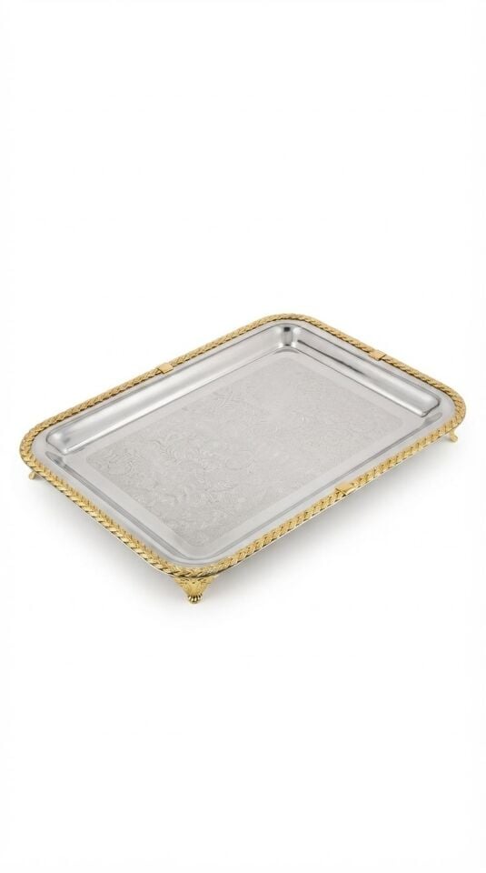 Büyük Boy Gold Örgü Kenarlı Lazer İşlemeli Paslanmaz Metal Sunum Tepsi (46x37 cm)