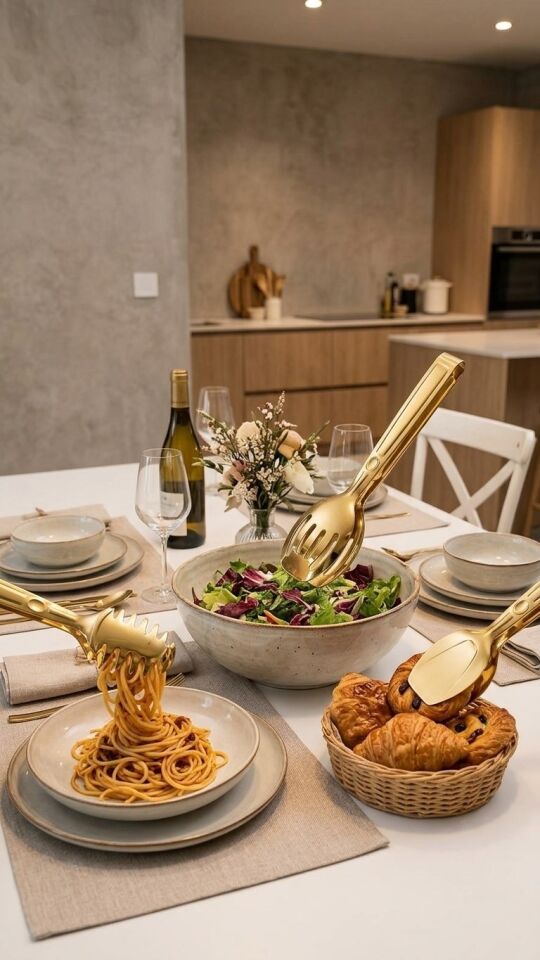 3'lü Gold Paslanmaz Çelik Servis Maşası Seti (Makarna, Salata ve Pasta Maşası)