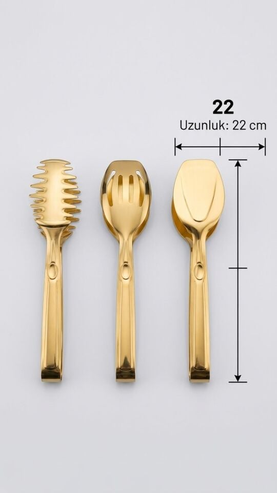 3'lü Gold Paslanmaz Çelik Servis Maşası Seti (Makarna, Salata ve Pasta Maşası)
