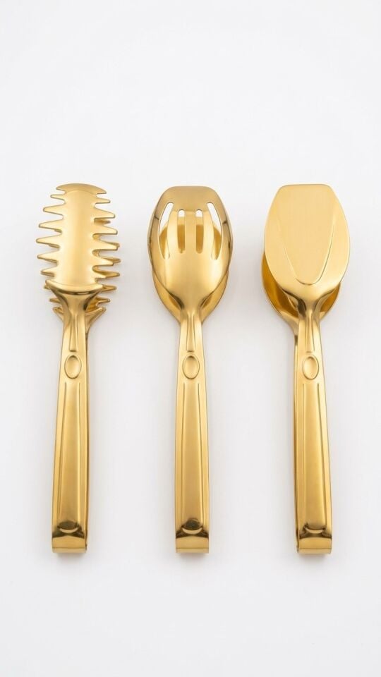 3'lü Gold Paslanmaz Çelik Servis Maşası Seti (Makarna, Salata ve Pasta Maşası)