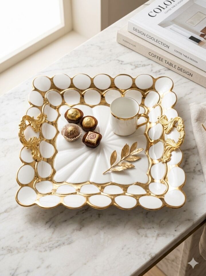 Lüks Beyaz Gold Detaylı Kare Sunum Tepsisi - 30 cm