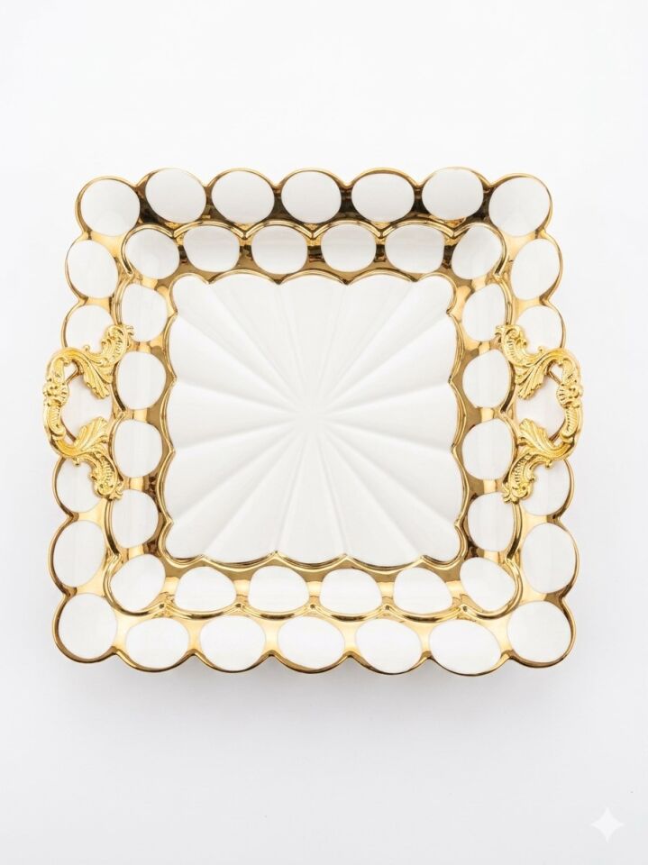 Lüks Beyaz Gold Detaylı Kare Sunum Tepsisi - 30 cm