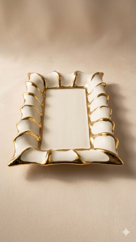 DİKDÖRTGEN LÜKS SUNUMLUK VE SERVİS TABAĞI BEYAZ-GOLD (30X20 CM)