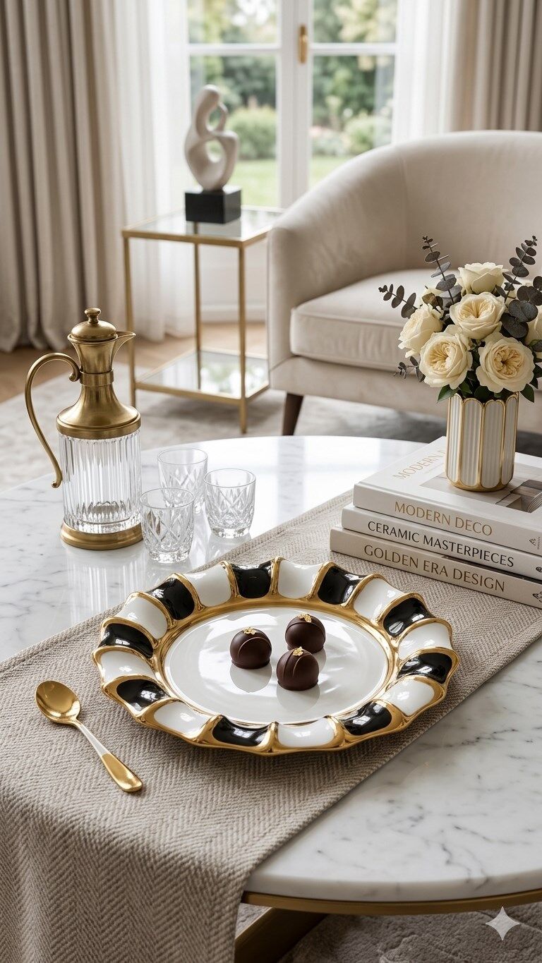 LÜKS YUVARLAK SUNUMLUK SİYAH-BEYAZ GOLD DETAYLI (28 CM)