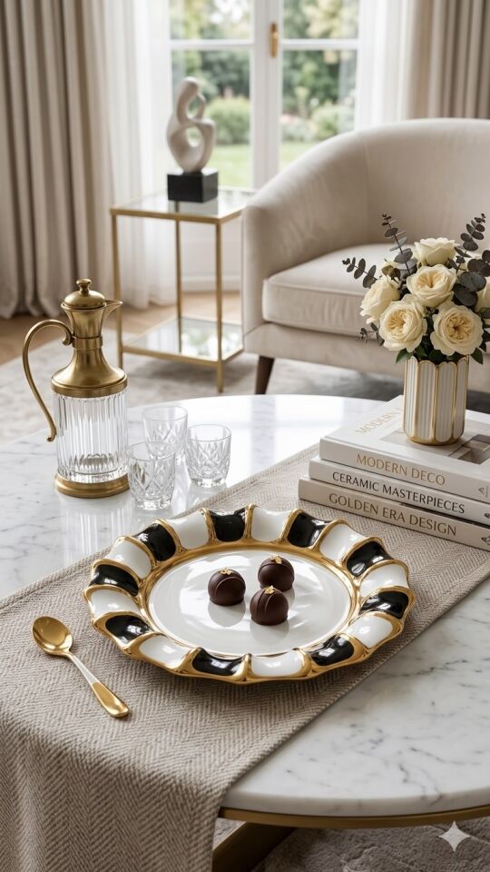 LÜKS YUVARLAK SUNUMLUK SİYAH-BEYAZ GOLD DETAYLI (28 CM)