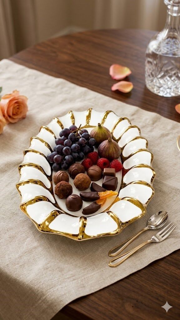 Lüks Modern Tasarım Porselen Sunum Tabağı 36X22 CM OVAL SUNUMLUK BEYAZ-GOLD