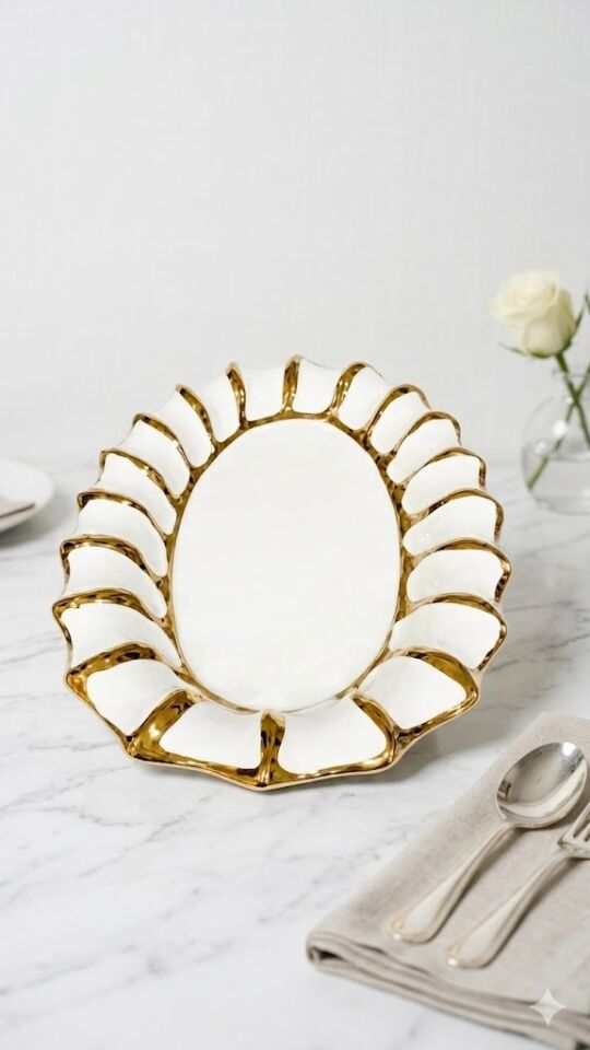 Lüks Modern Tasarım Porselen Sunum Tabağı 36X22 CM OVAL SUNUMLUK BEYAZ-GOLD