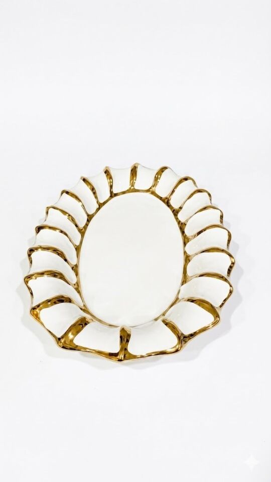 Lüks Modern Tasarım Porselen Sunum Tabağı 36X22 CM OVAL SUNUMLUK BEYAZ-GOLD