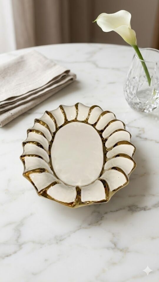 Lüks Dalgalı Tasarım Porselen Sunum Tabağı 30X20 CM OVAL SUNUMLUK BEYAZ-GOLD