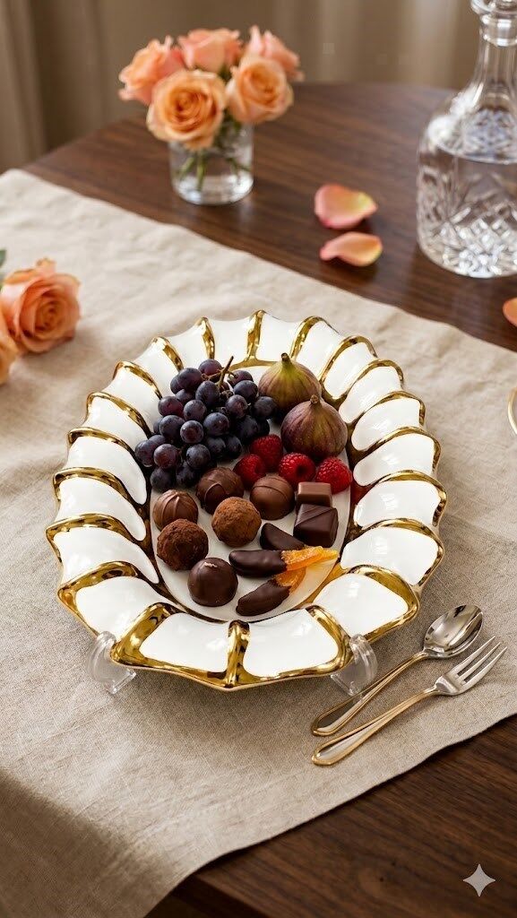 Lüks Dalgalı Tasarım Porselen Sunum Tabağı 30X20 CM OVAL SUNUMLUK BEYAZ-GOLD