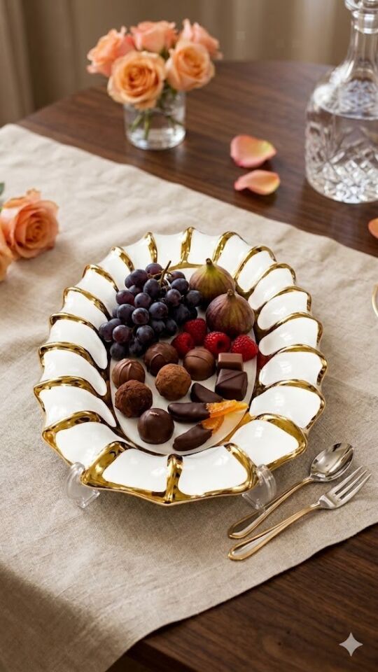 Lüks Dalgalı Tasarım Porselen Sunum Tabağı 30X20 CM OVAL SUNUMLUK BEYAZ-GOLD