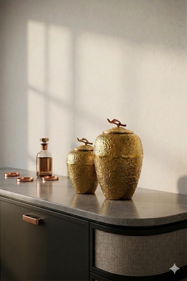 40 cm Döküm Alüminyum Gold Eskitme Kapaklı Dekoratif Vazo