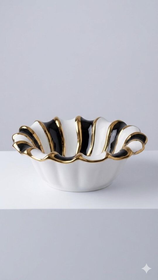 Sembol Porselen Lüks Yuvarlak Sunum Kasesi - Siyah Beyaz Çizgili Gold Detaylı Çerezlik Meyvelik 24cm