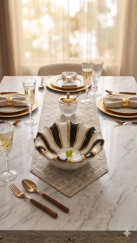 Sembol Porselen Lüks Yuvarlak Sunum Kasesi - Siyah Beyaz Çizgili Gold Detaylı Çerezlik Meyvelik 24cm