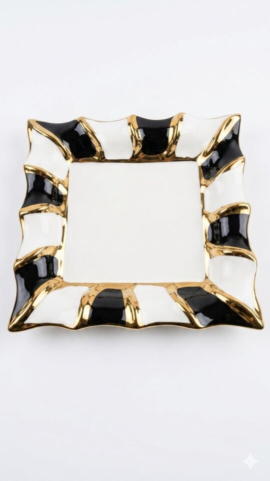 Sembol Porselen Kare Sunum Tabağı Siyah-Beyaz-Gold 25,5 cm