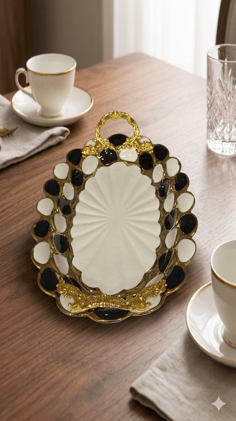 Sembol Porselen Lüks Oval Sunum Tepsisi 30x19 cm - Siyah Beyaz Gold