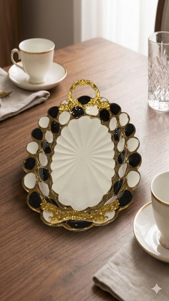 Sembol Porselen Lüks Oval Sunum Tepsisi 30x19 cm - Siyah Beyaz Gold