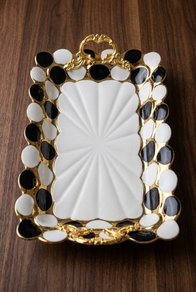 Kulplu Lüks Porselen Sunum Tepsisi 35.5X22.5 CM DİKDÖRTGEN TEPSİ SİYAH-BEYAZ