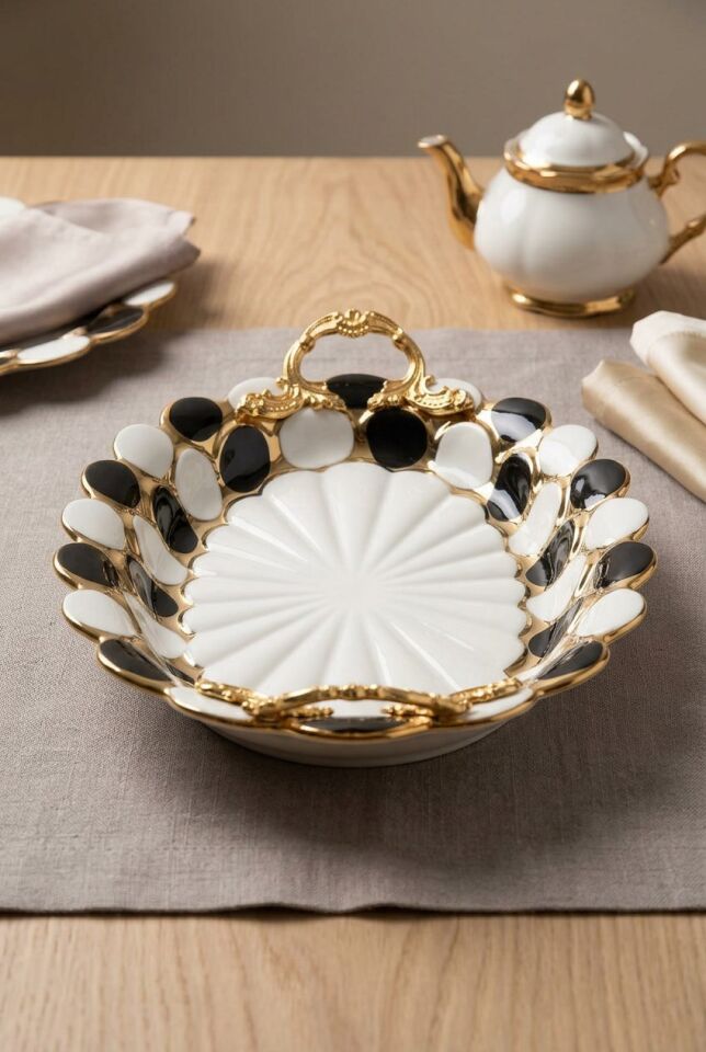 Kulplu Lüks Porselen Sunum Tepsisi 36X22.5 CM OVAL TEPSİ SİYAH-BEYAZ