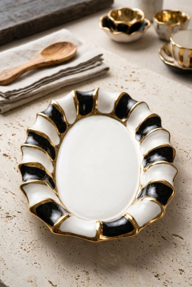 Lüks Dalgalı Kenar Porselen İkram Tabağı 36X23 CM OVAL SUNUMLUK SİYAH-BEYAZ