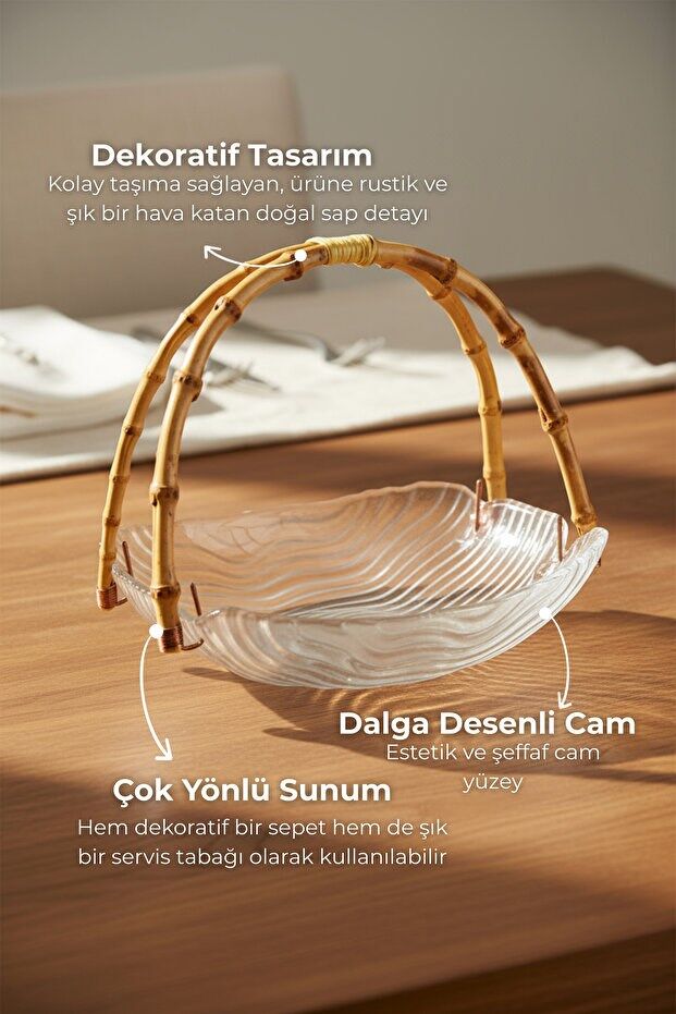 Cestino - Bambu Kulplu Cam Dikdörtgen Sunum Tabağı Dalgalı Desen