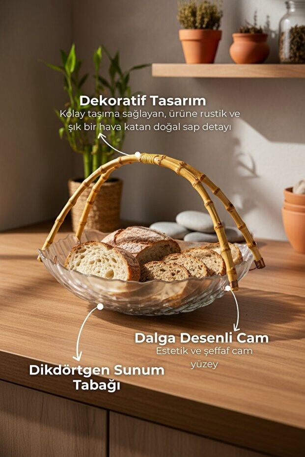 Cestino - Bambu Kulplu Cam Dikdörtgen Sunum Tabağı Kabartmalı Desen