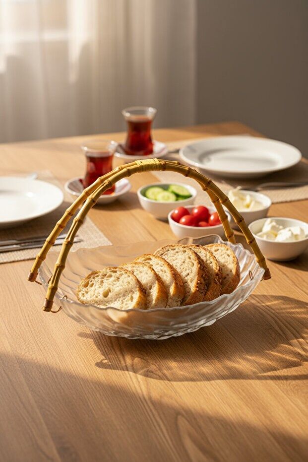 Cestino - Bambu Kulplu Cam Dikdörtgen Sunum Tabağı Kabartmalı Desen