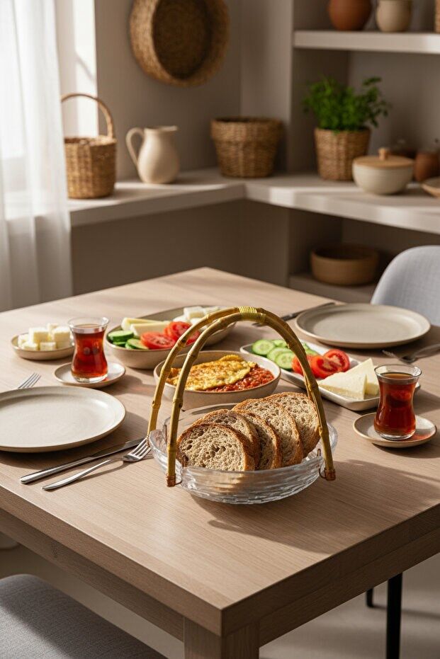 Cestino - Bambu Kulplu Cam Yuvarlak Sunum Tabağı Dalgalı Desen