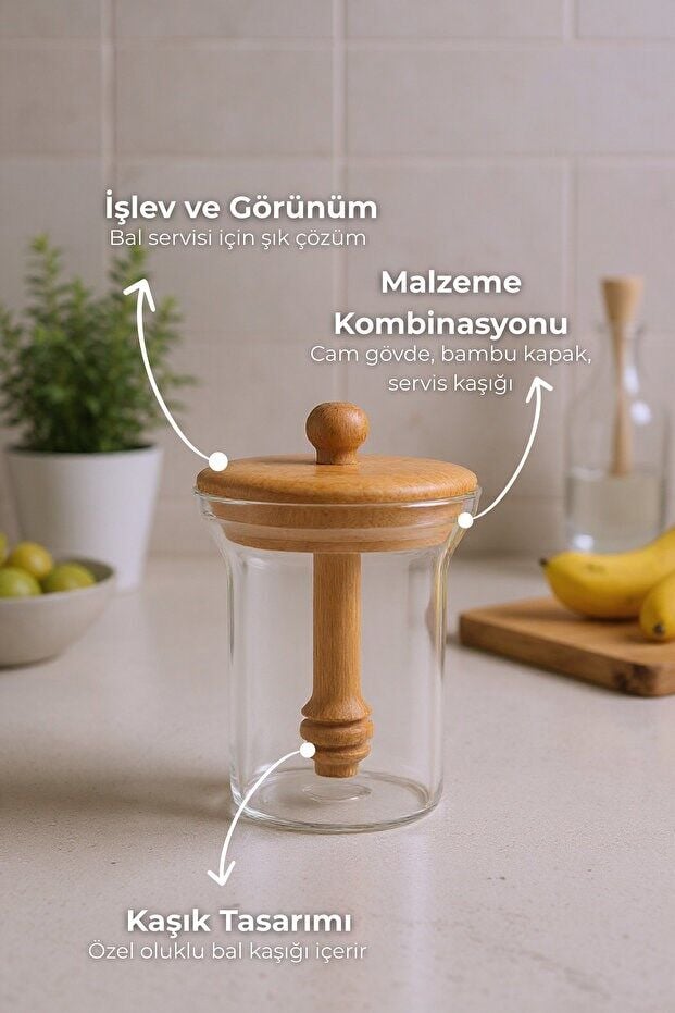 Bee - Bal Kaşıklı Cam Saklama Kabı