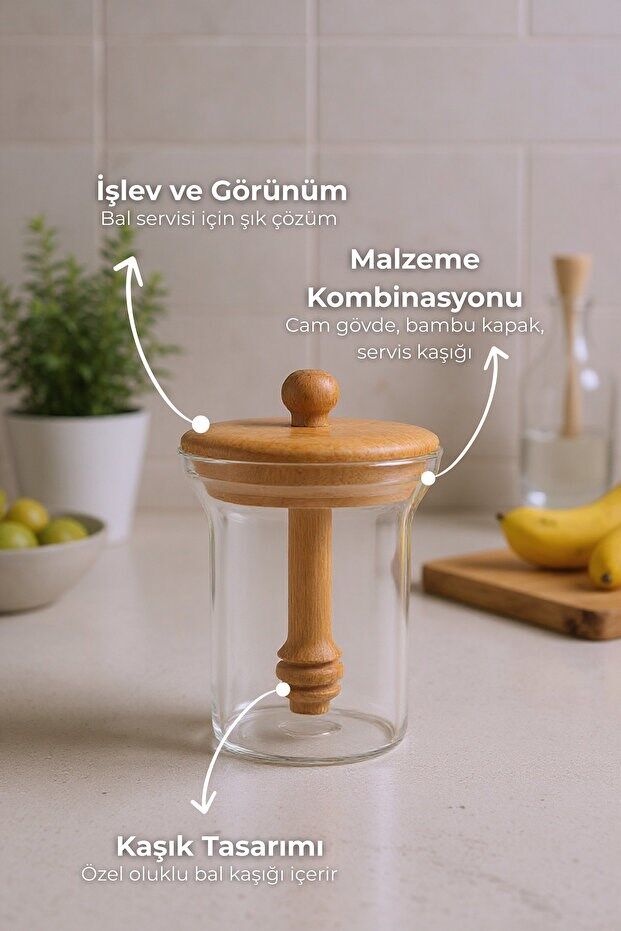 Bee - Bal Kaşıklı Cam Saklama Kabı