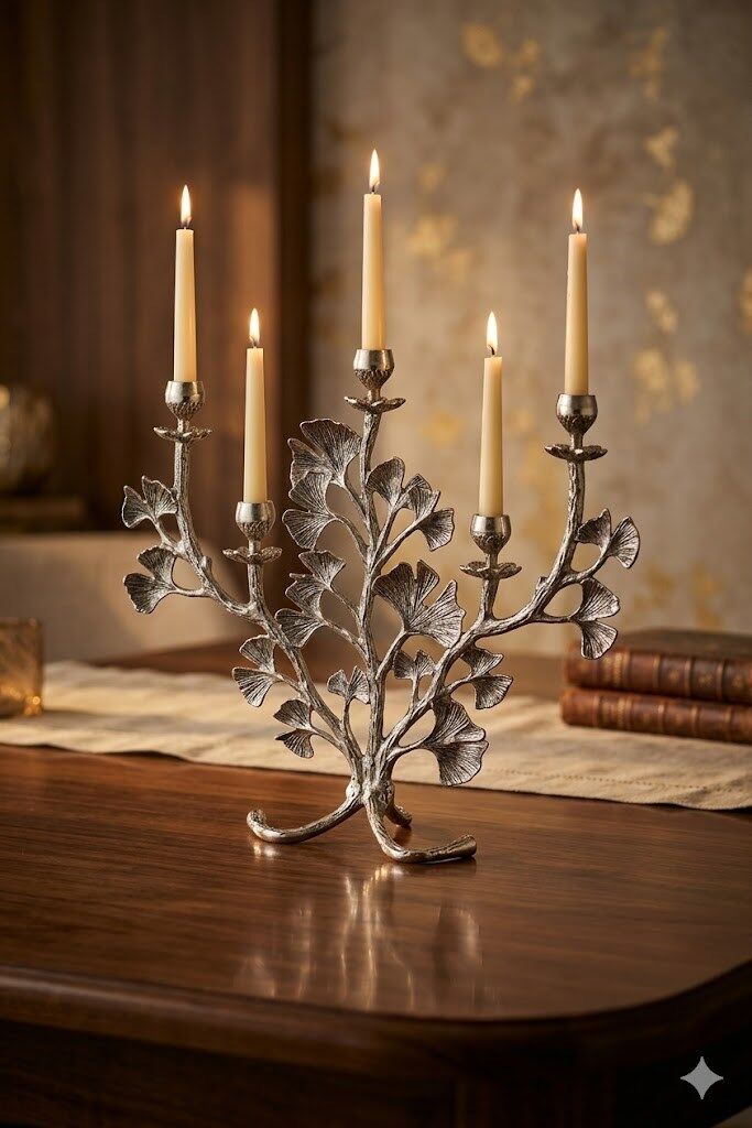 GINGKO LEAF 5 LIGHTS CANDLE HOLDER NICKEL ANTIQUE 45,8X15,5X42 CM