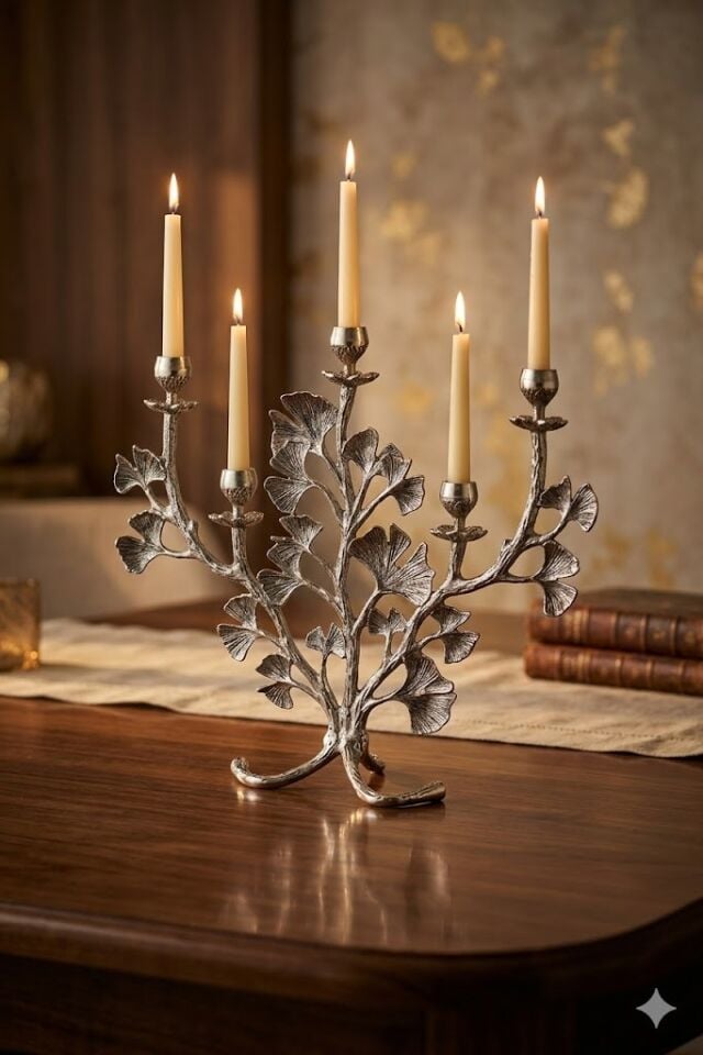 GINGKO LEAF 5 LIGHTS CANDLE HOLDER NICKEL ANTIQUE 45,8X15,5X42 CM