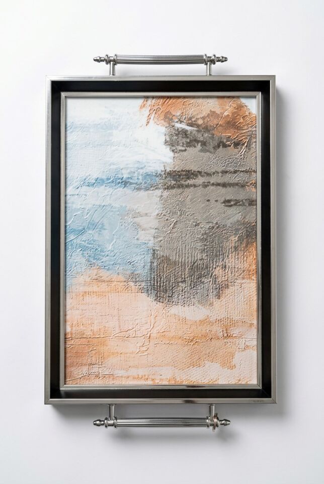 Kulplu Lüks Cam Sunum Tepsisi SİYAH GÜMÜŞ TEPSİ 50X31X4 CM